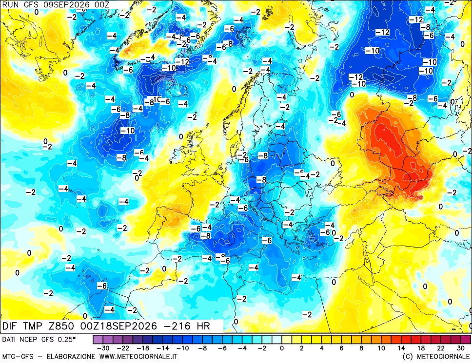 mappa Dif. Temp a 850 hPa Valid - Init