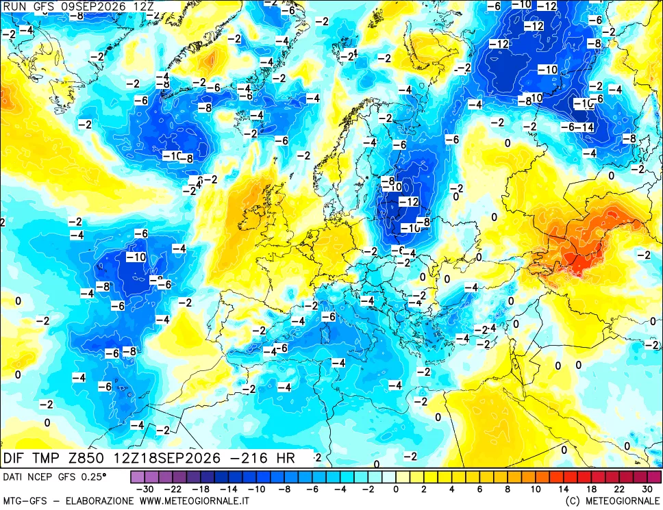 mappa Dif. Temp a 850 hPa Valid - Init