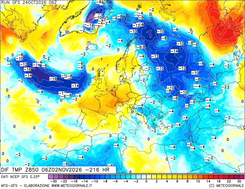 mappa Dif. Temp a 850 hPa Valid - Init