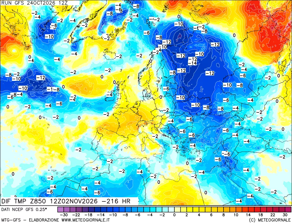 mappa Dif. Temp a 850 hPa Valid - Init
