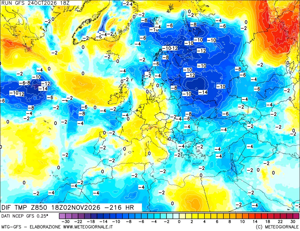 mappa Dif. Temp a 850 hPa Valid - Init