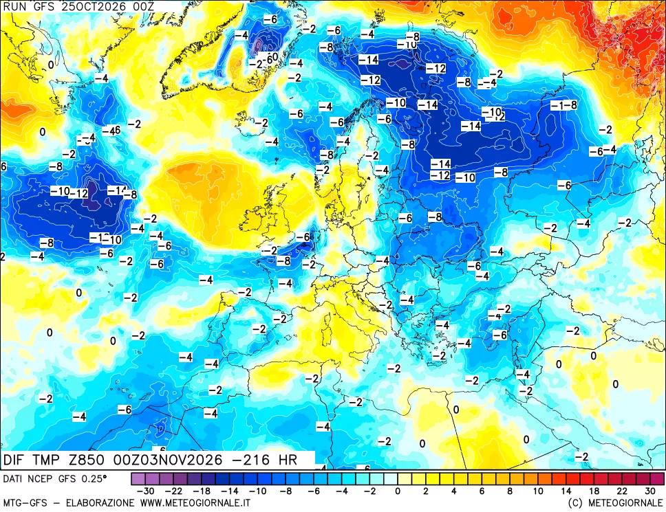 mappa Dif. Temp a 850 hPa Valid - Init