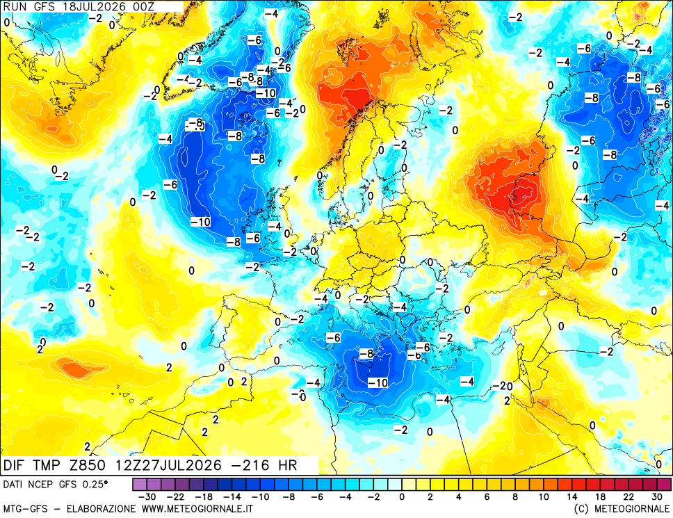 mappa Dif. Temp a 850 hPa Valid - Init