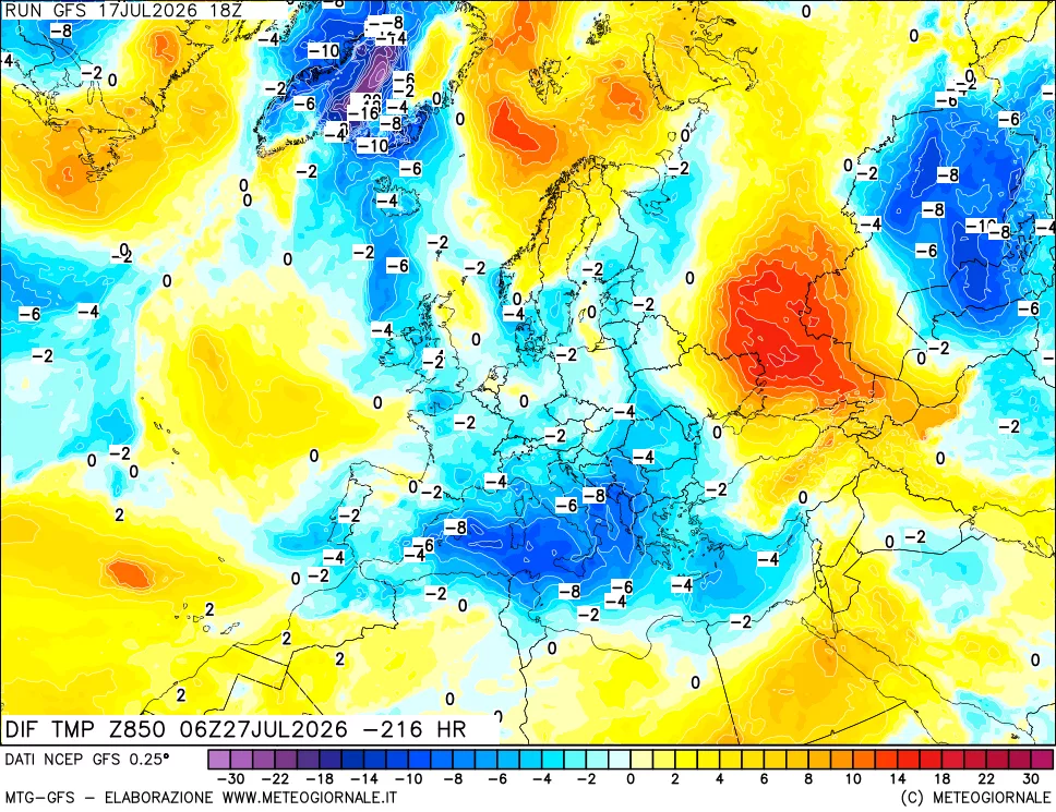 mappa Dif. Temp a 850 hPa Valid - Init