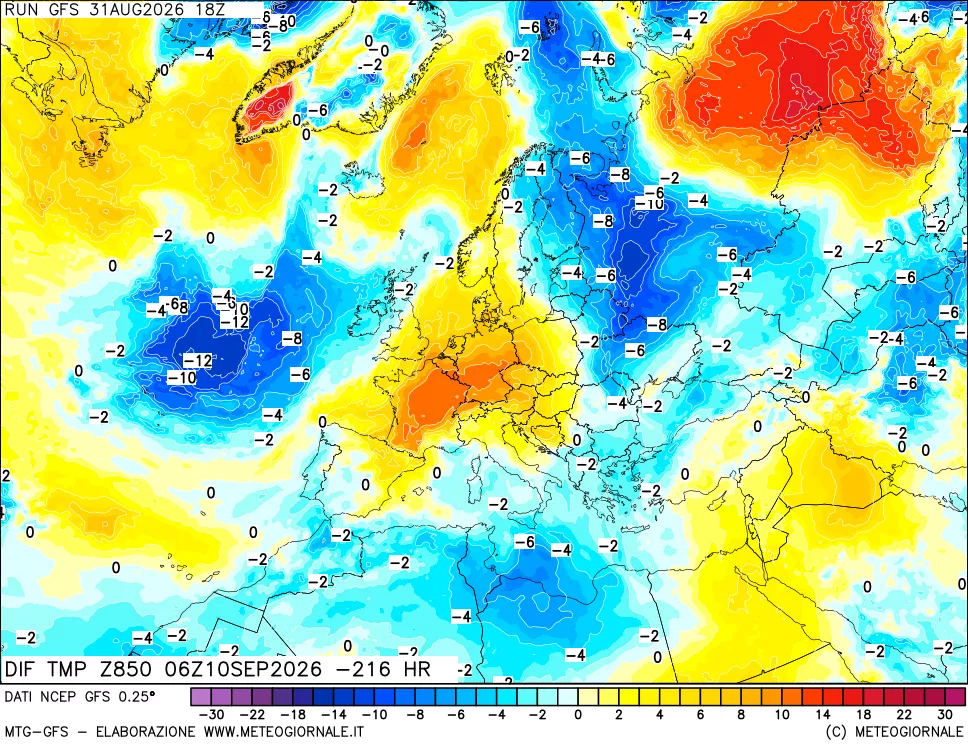 mappa Dif. Temp a 850 hPa Valid - Init