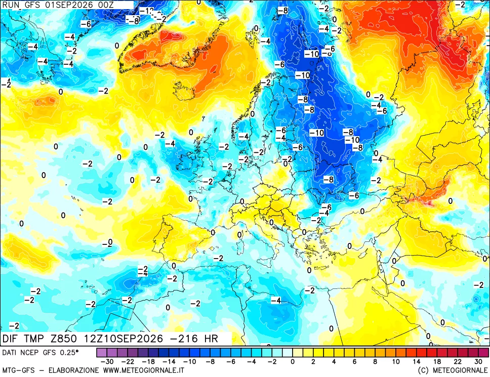mappa Dif. Temp a 850 hPa Valid - Init