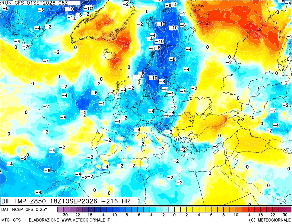 mappa Dif. Temp a 850 hPa Valid - Init