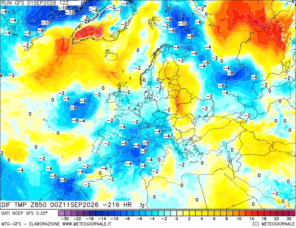 mappa Dif. Temp a 850 hPa Valid - Init