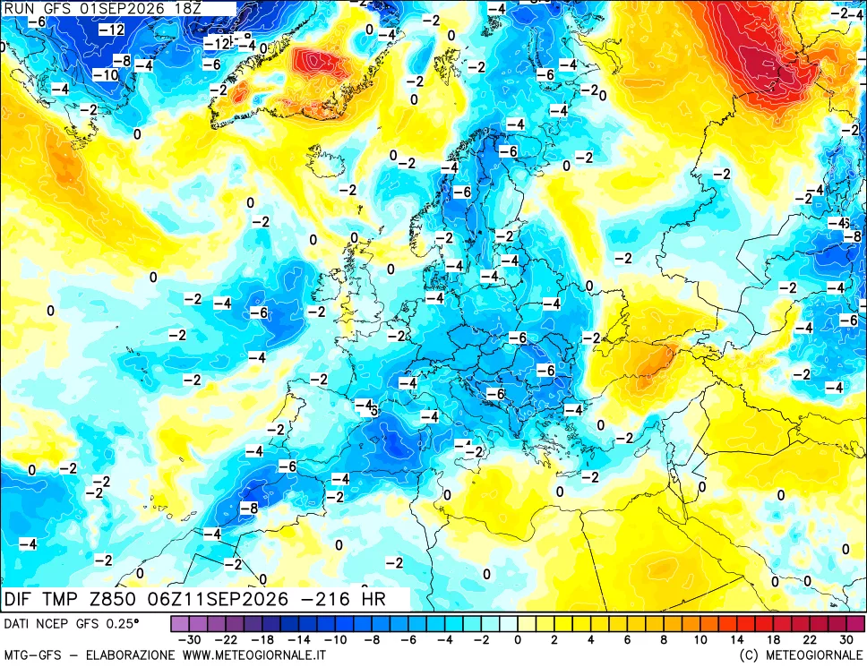 mappa Dif. Temp a 850 hPa Valid - Init
