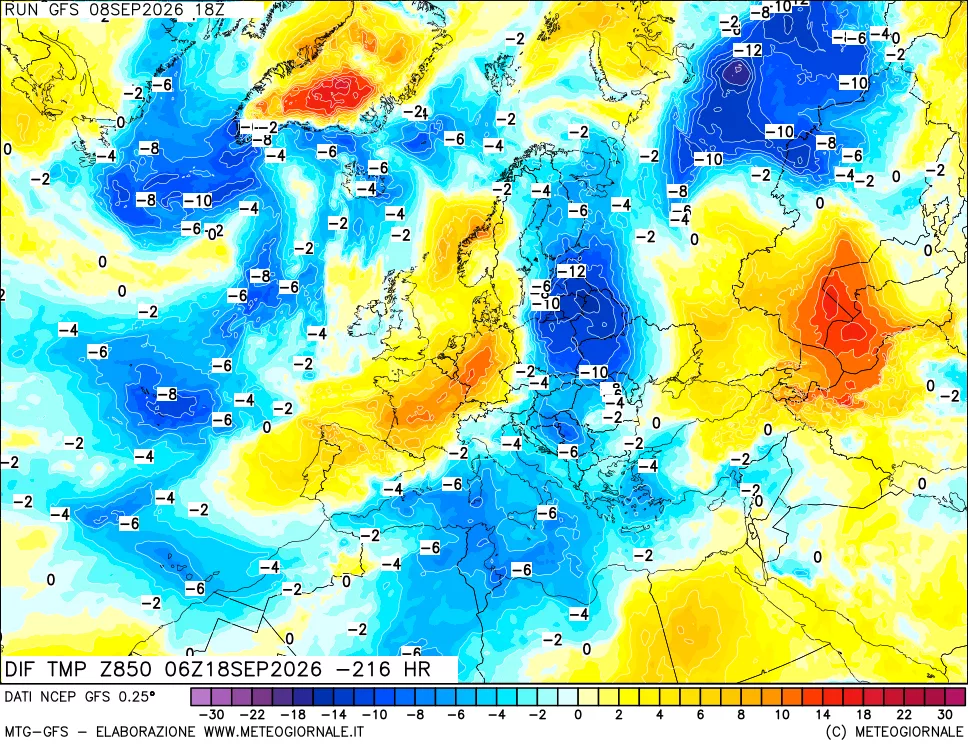 mappa Dif. Temp a 850 hPa Valid - Init