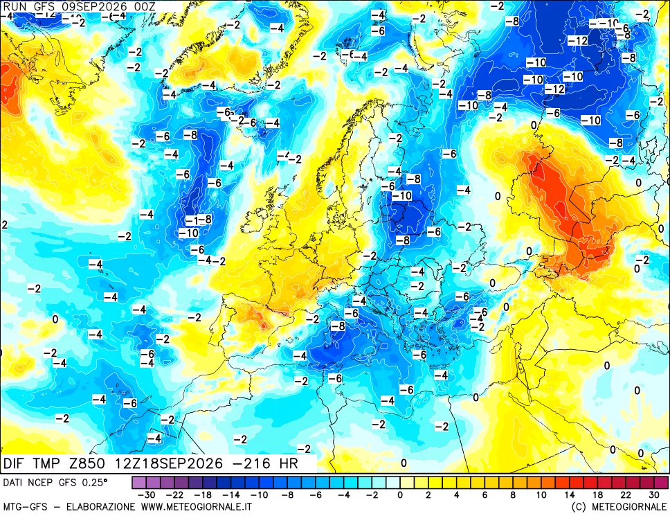 mappa Dif. Temp a 850 hPa Valid - Init