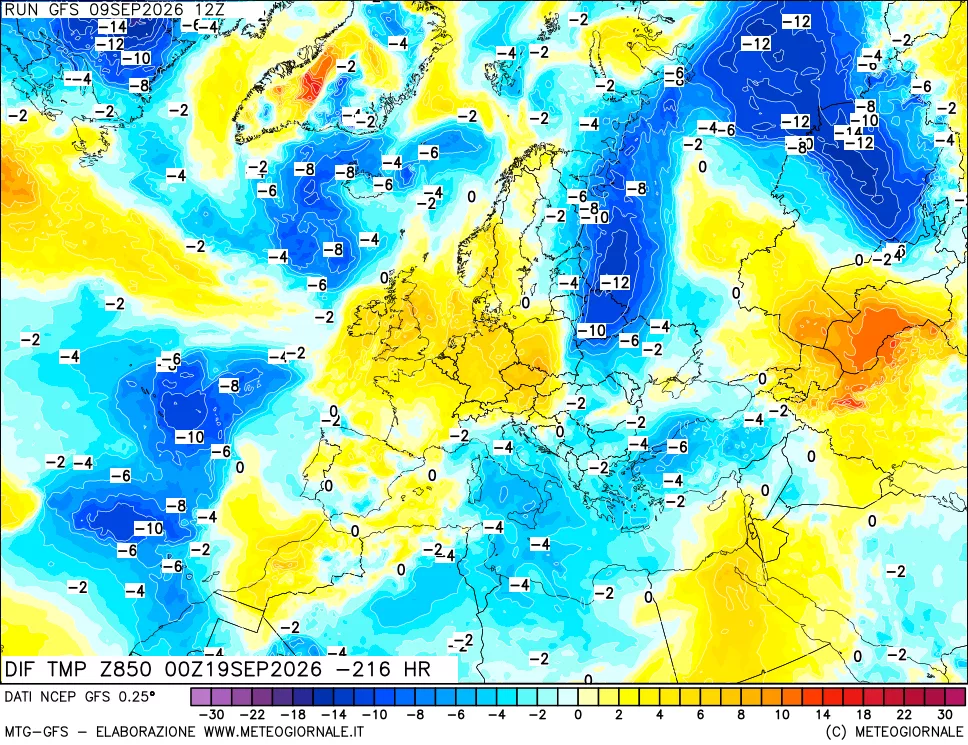 mappa Dif. Temp a 850 hPa Valid - Init