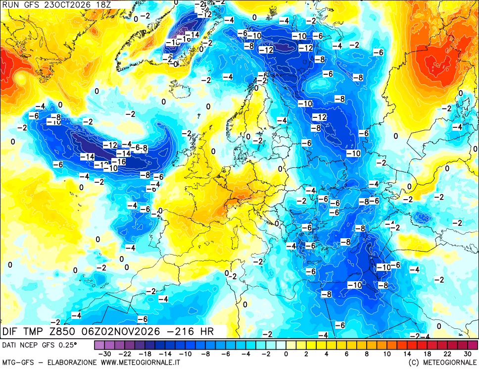 mappa Dif. Temp a 850 hPa Valid - Init