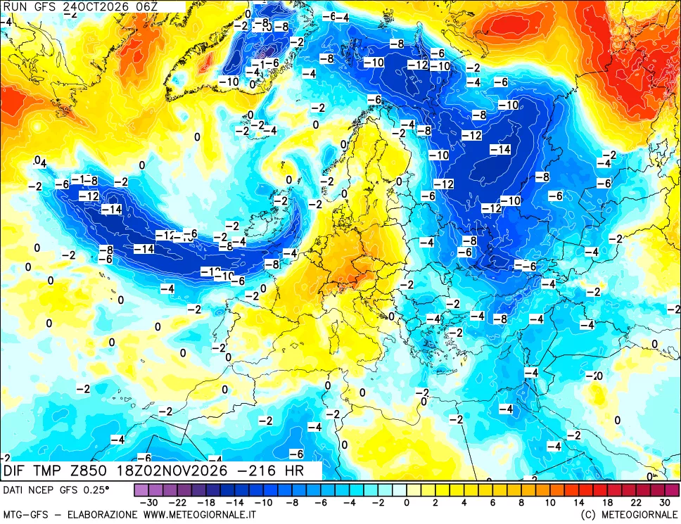 mappa Dif. Temp a 850 hPa Valid - Init