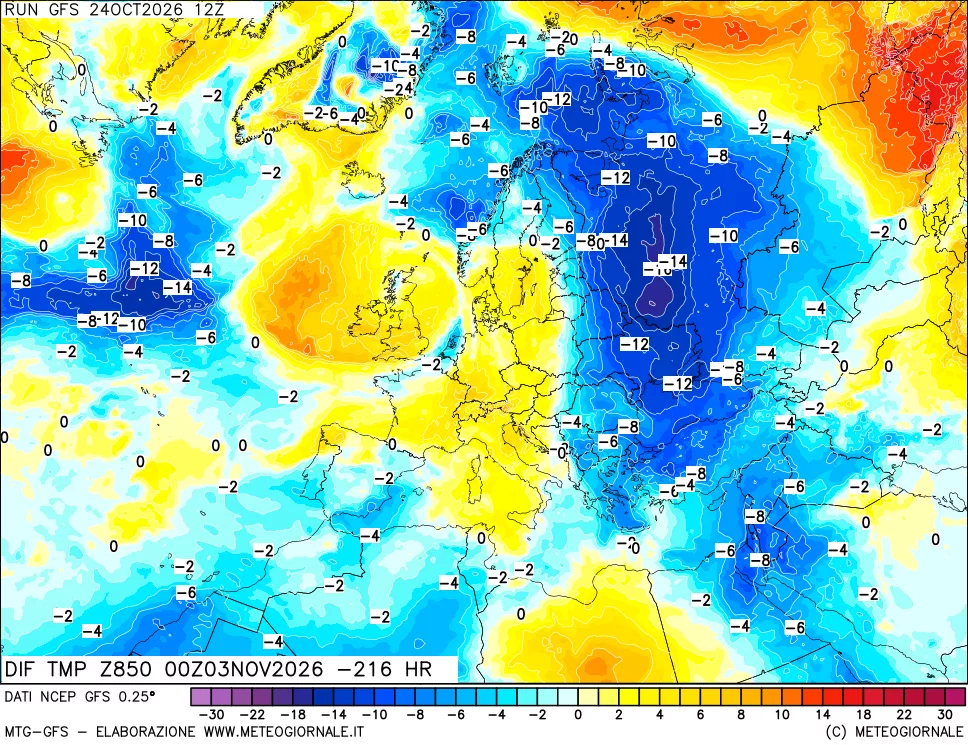 mappa Dif. Temp a 850 hPa Valid - Init