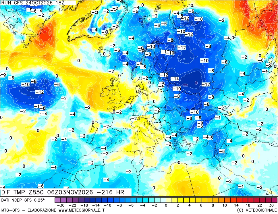 mappa Dif. Temp a 850 hPa Valid - Init