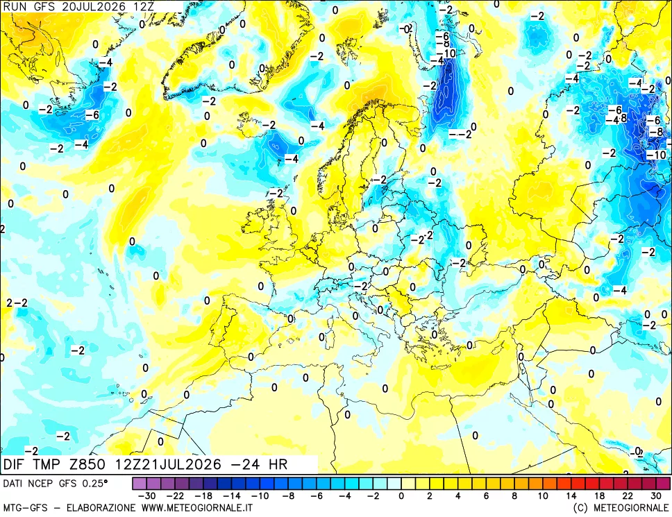 mappa Dif. Temp a 850 hPa Valid - Init