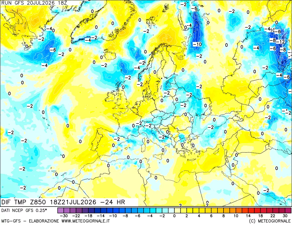 mappa Dif. Temp a 850 hPa Valid - Init