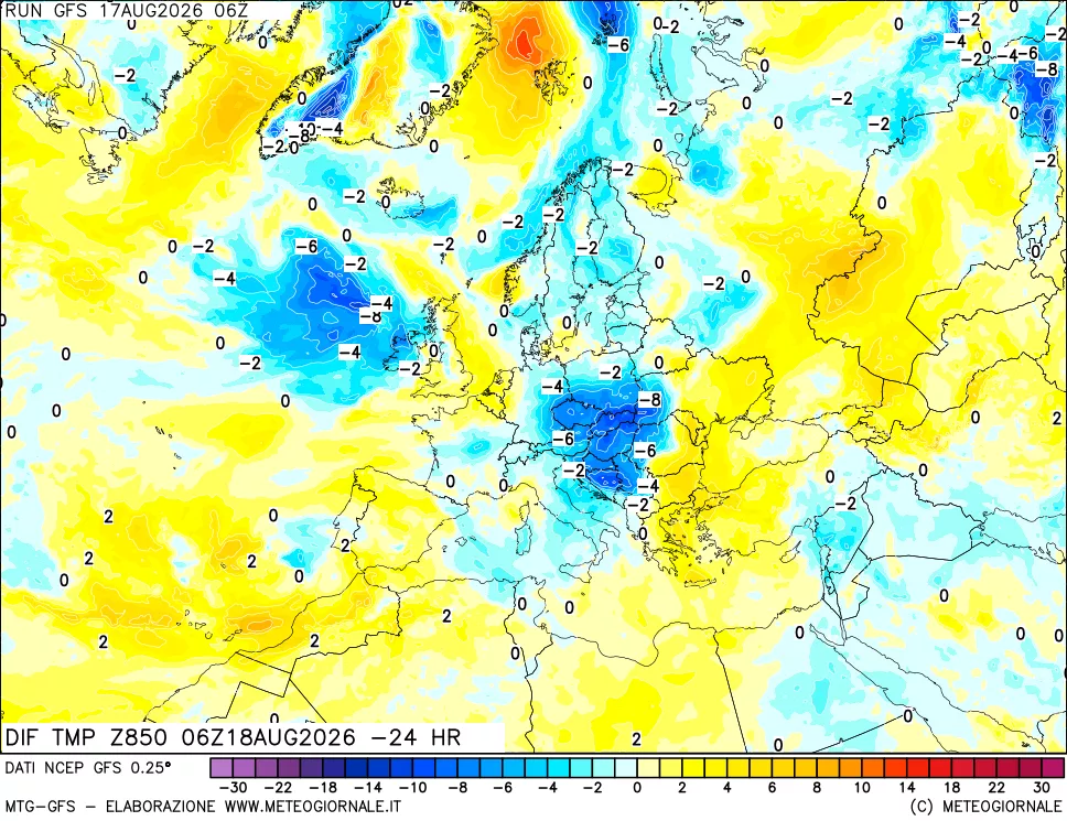 mappa Dif. Temp a 850 hPa Valid - Init