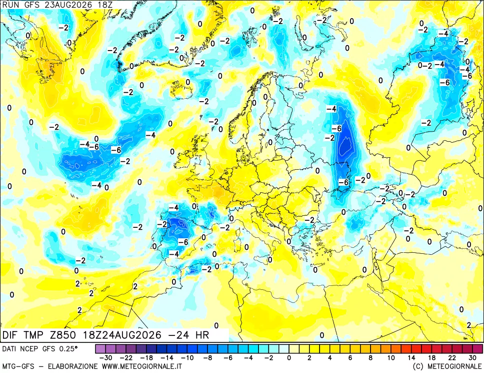 mappa Dif. Temp a 850 hPa Valid - Init