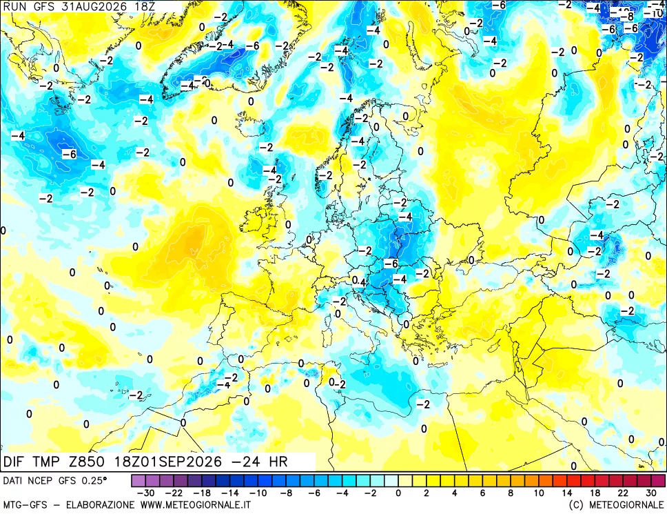 mappa Dif. Temp a 850 hPa Valid - Init