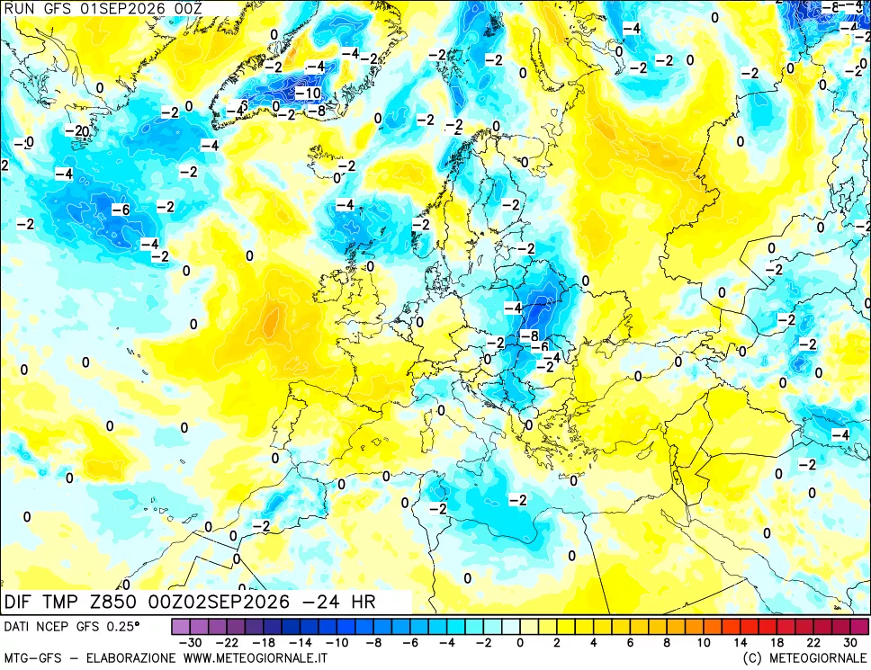 mappa Dif. Temp a 850 hPa Valid - Init