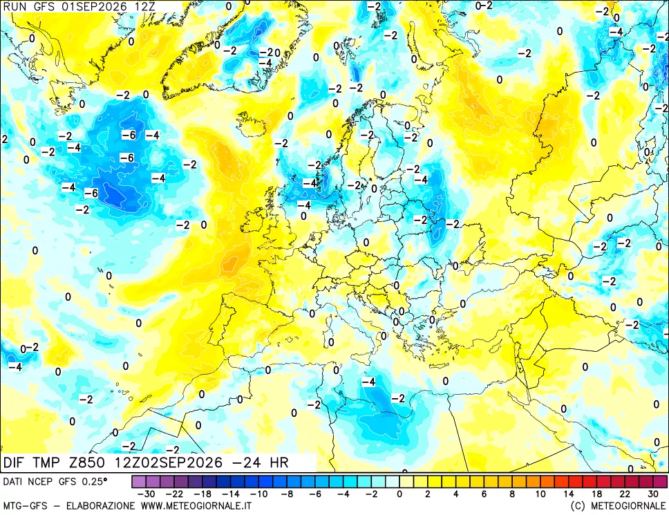 mappa Dif. Temp a 850 hPa Valid - Init