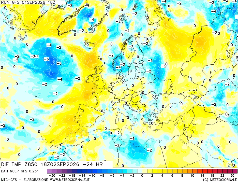 mappa Dif. Temp a 850 hPa Valid - Init