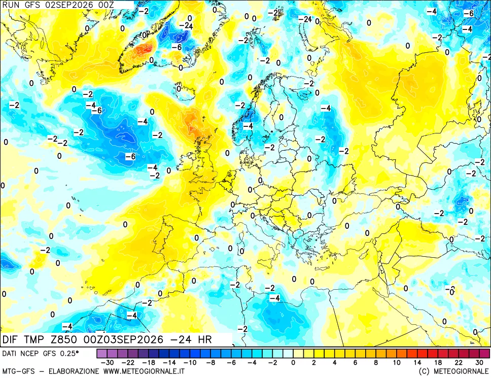 mappa Dif. Temp a 850 hPa Valid - Init
