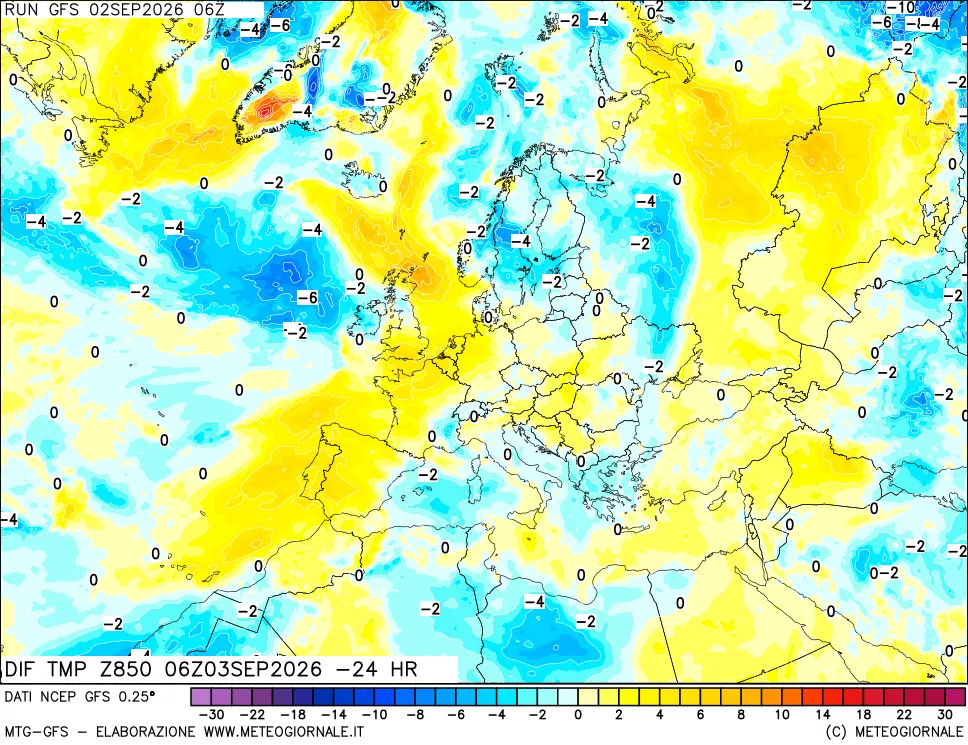 mappa Dif. Temp a 850 hPa Valid - Init