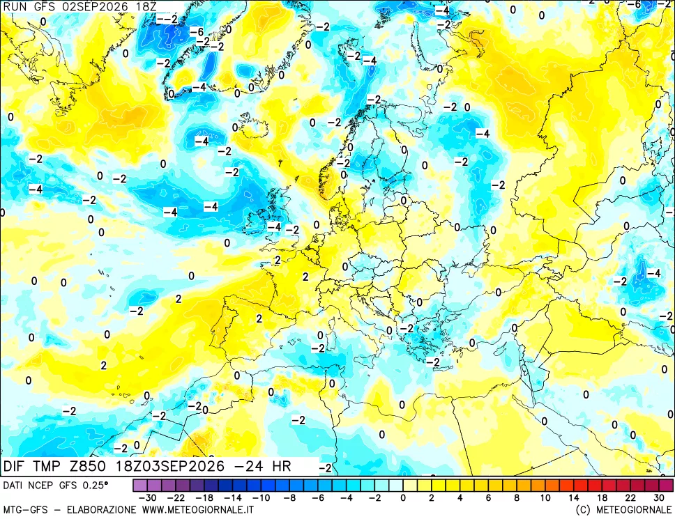 mappa Dif. Temp a 850 hPa Valid - Init
