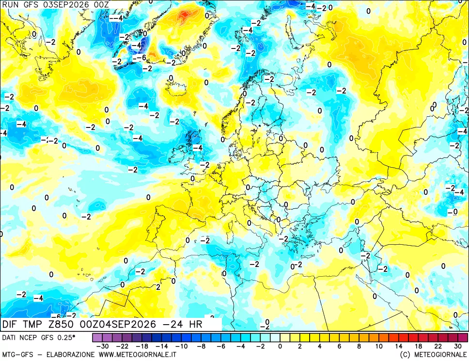 mappa Dif. Temp a 850 hPa Valid - Init