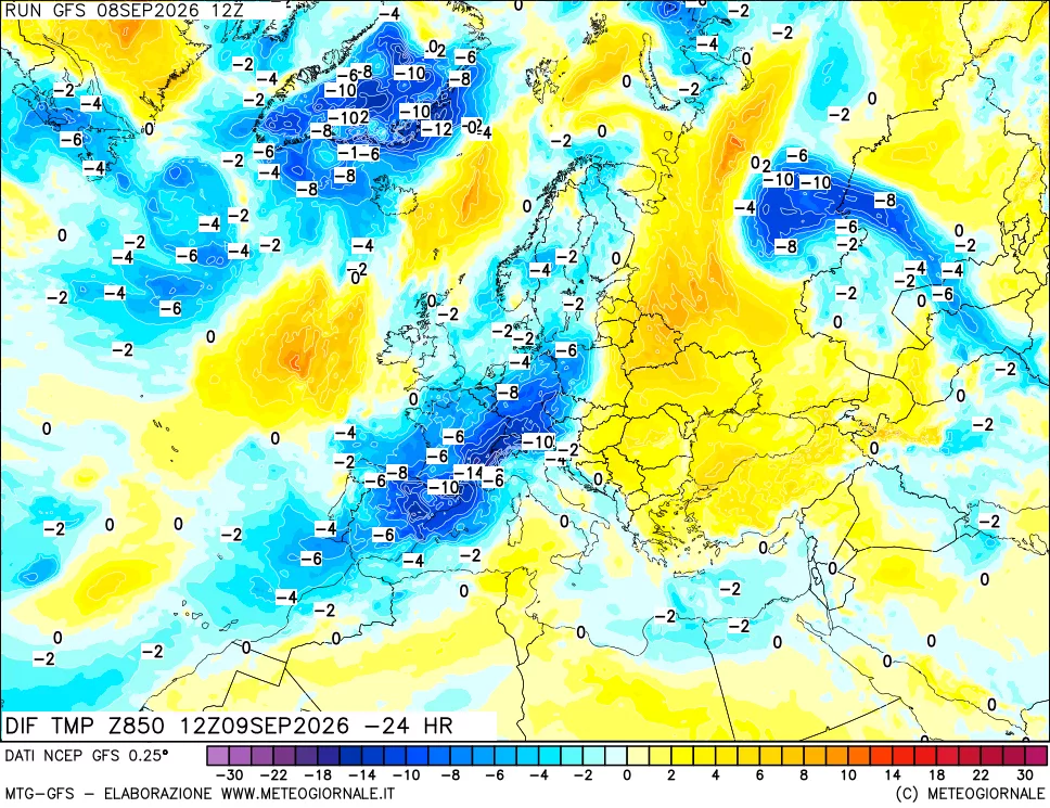 mappa Dif. Temp a 850 hPa Valid - Init