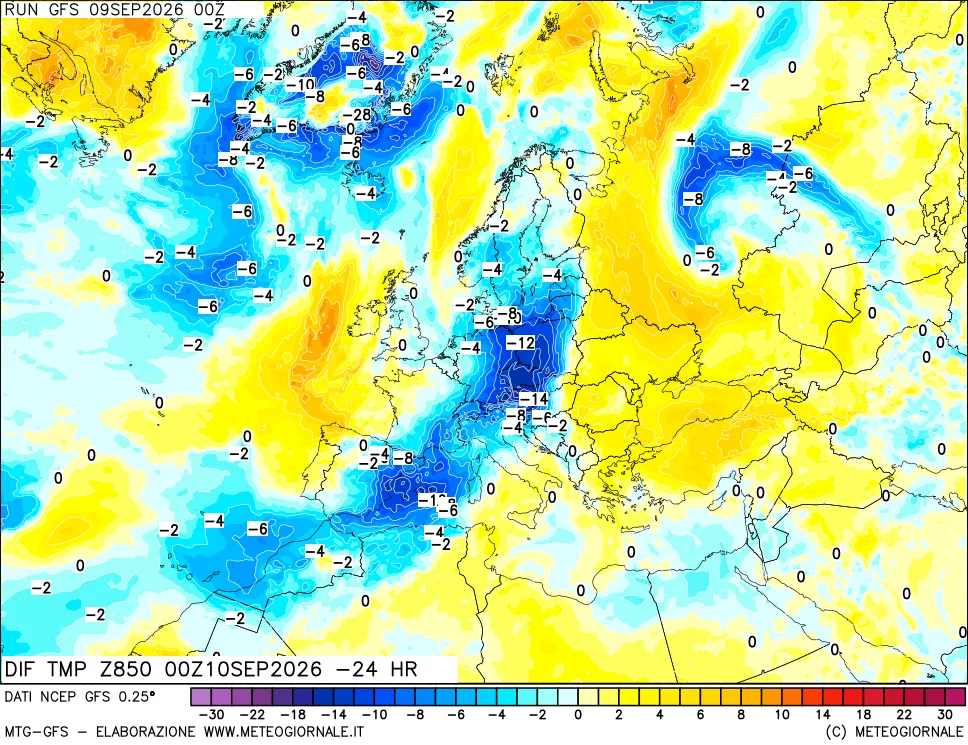 mappa Dif. Temp a 850 hPa Valid - Init