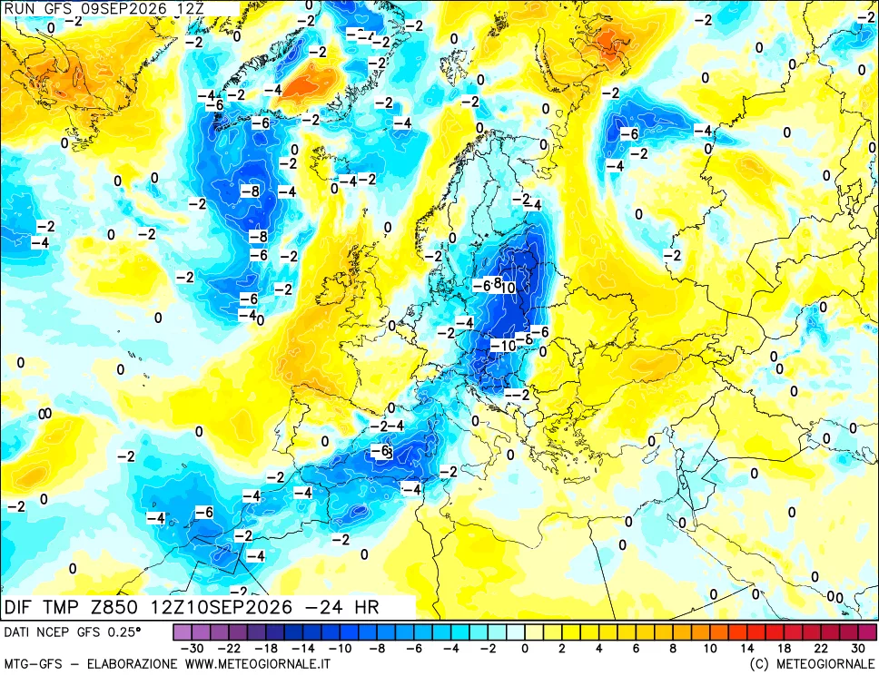 mappa Dif. Temp a 850 hPa Valid - Init