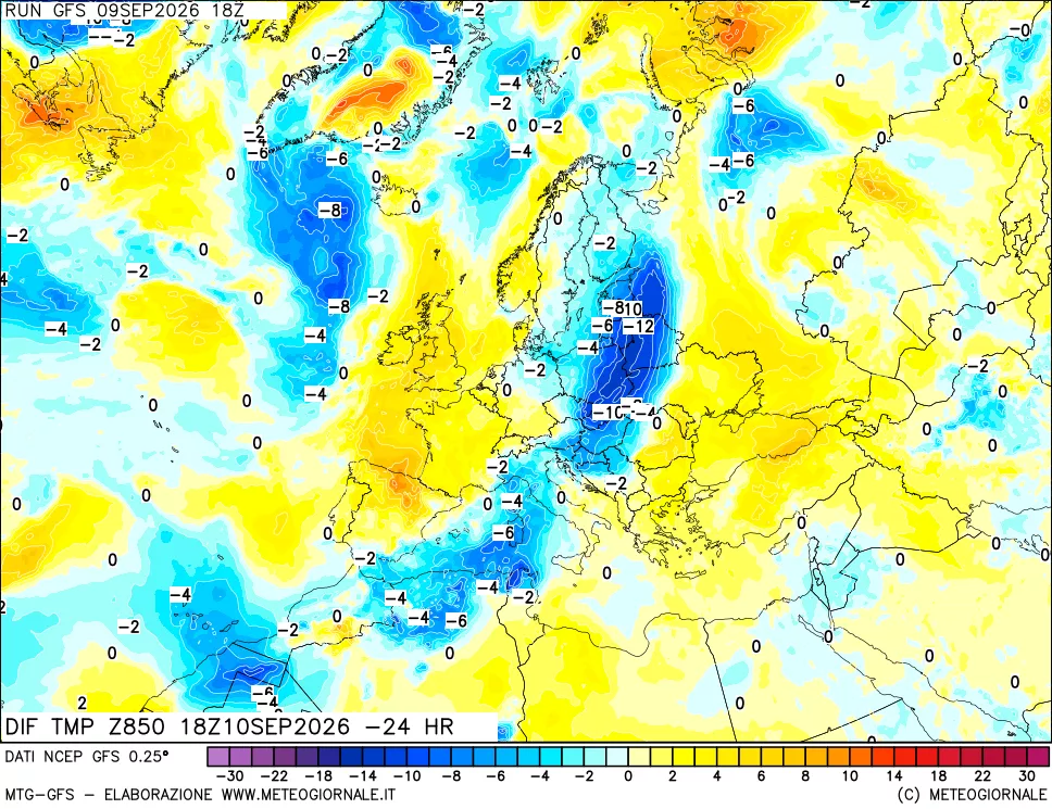 mappa Dif. Temp a 850 hPa Valid - Init