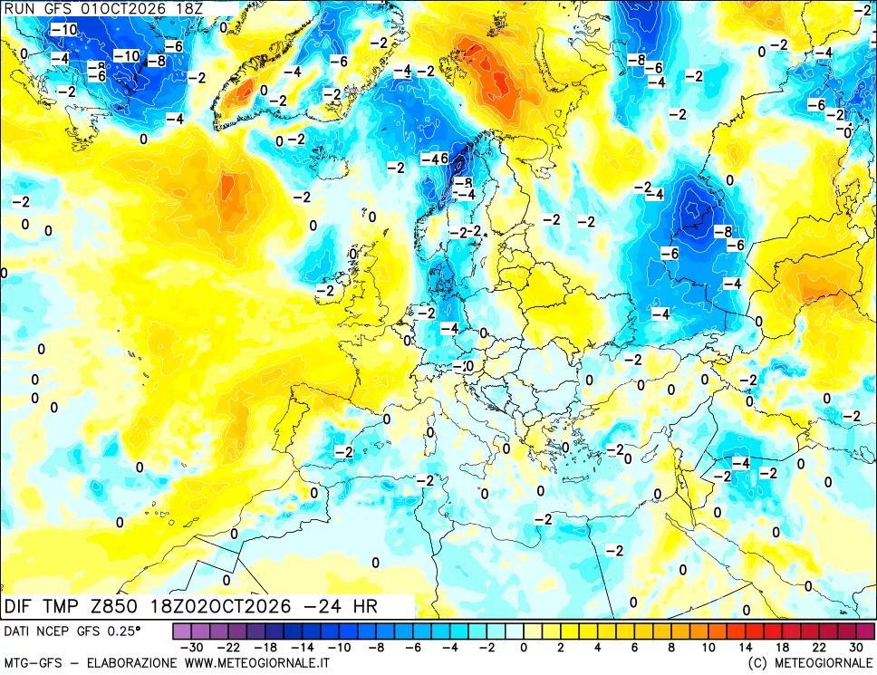 mappa Dif. Temp a 850 hPa Valid - Init