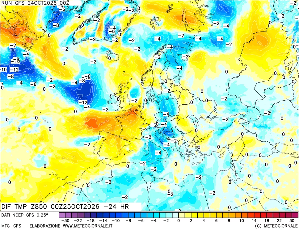 mappa Dif. Temp a 850 hPa Valid - Init