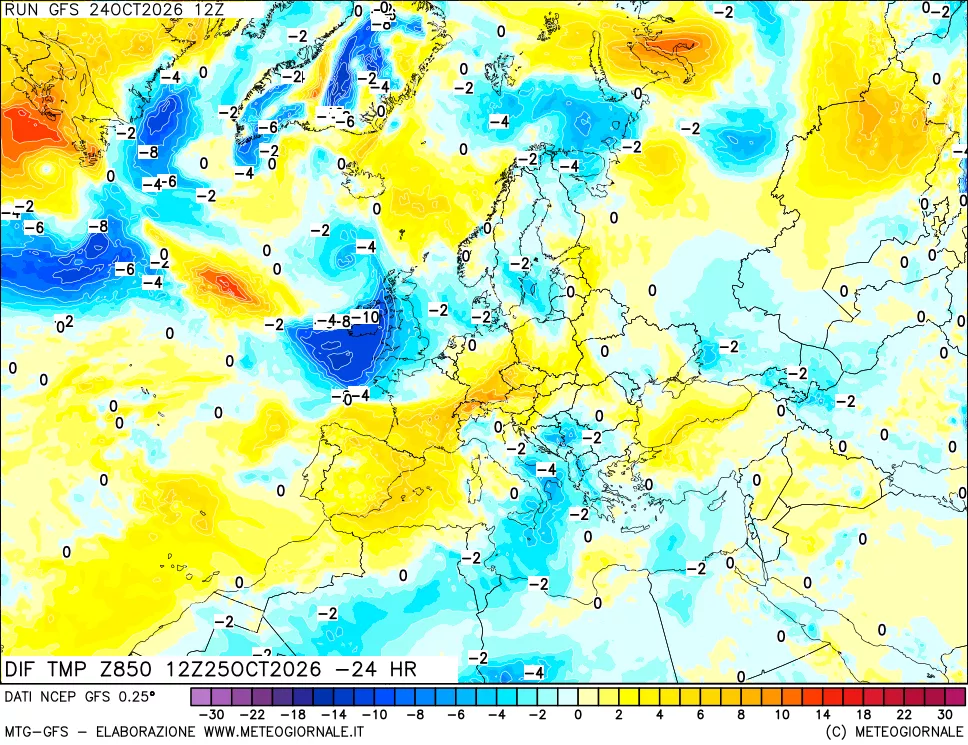 mappa Dif. Temp a 850 hPa Valid - Init