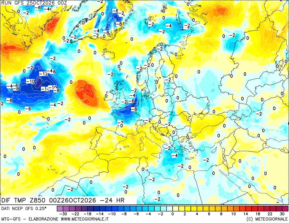 mappa Dif. Temp a 850 hPa Valid - Init