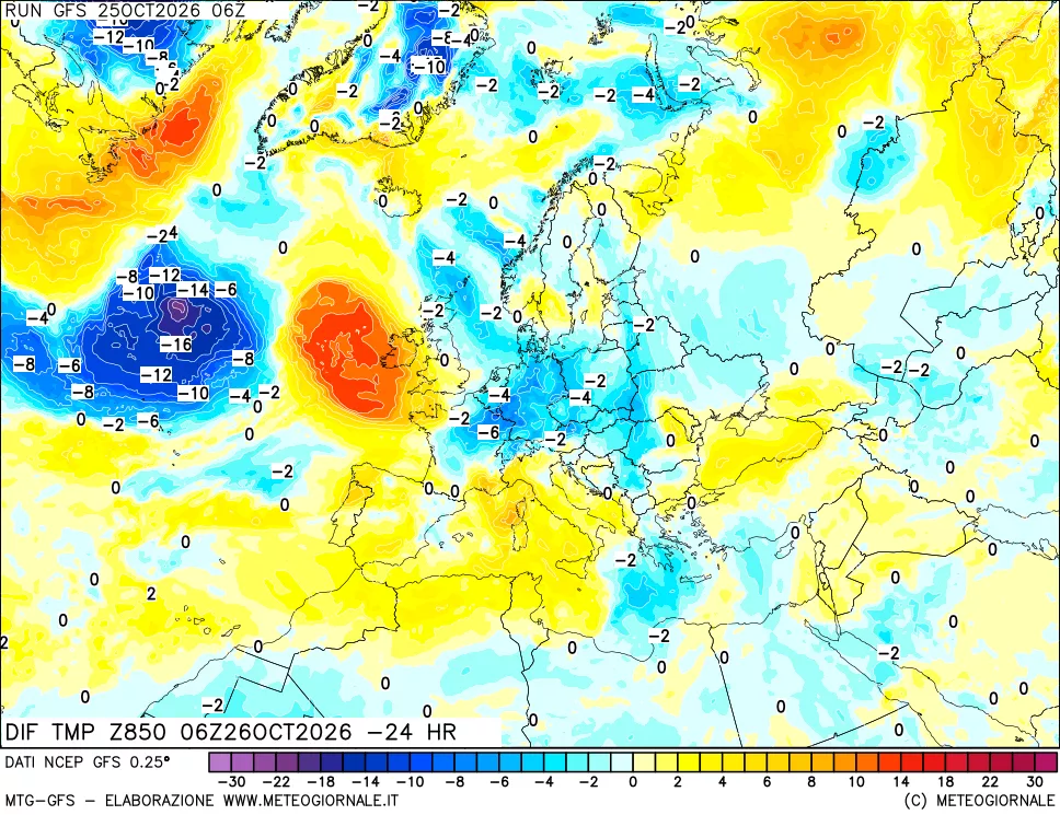 mappa Dif. Temp a 850 hPa Valid - Init