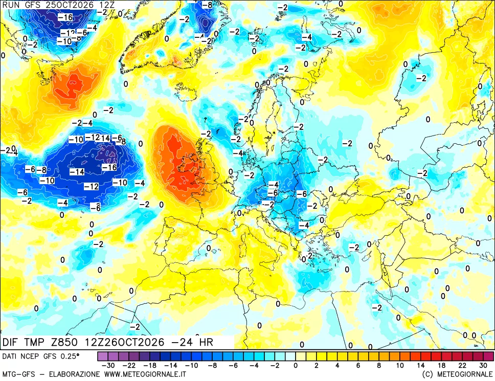 mappa Dif. Temp a 850 hPa Valid - Init