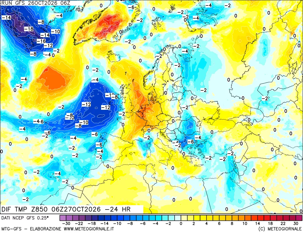 mappa Dif. Temp a 850 hPa Valid - Init
