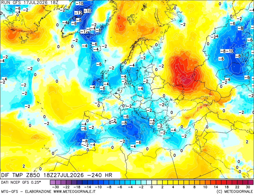 mappa Dif. Temp a 850 hPa Valid - Init