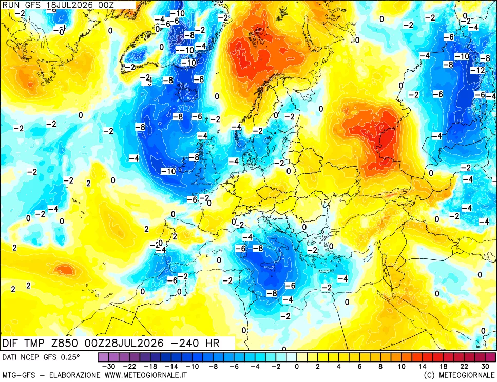 mappa Dif. Temp a 850 hPa Valid - Init