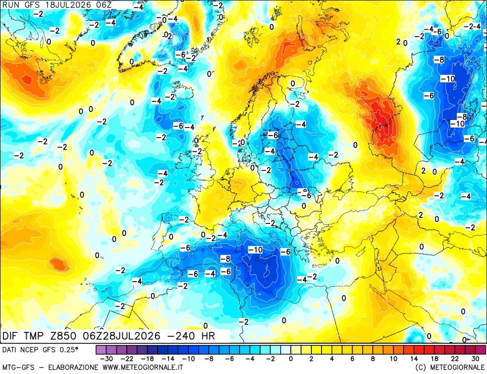 mappa Dif. Temp a 850 hPa Valid - Init