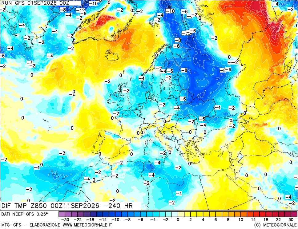 mappa Dif. Temp a 850 hPa Valid - Init