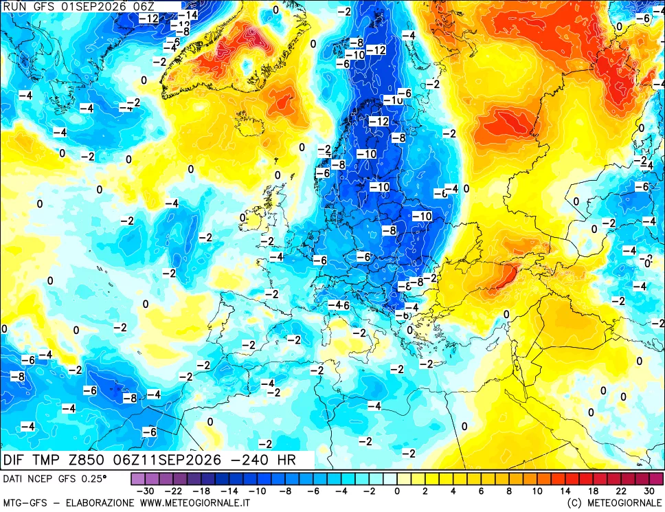 mappa Dif. Temp a 850 hPa Valid - Init