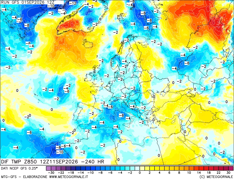 mappa Dif. Temp a 850 hPa Valid - Init