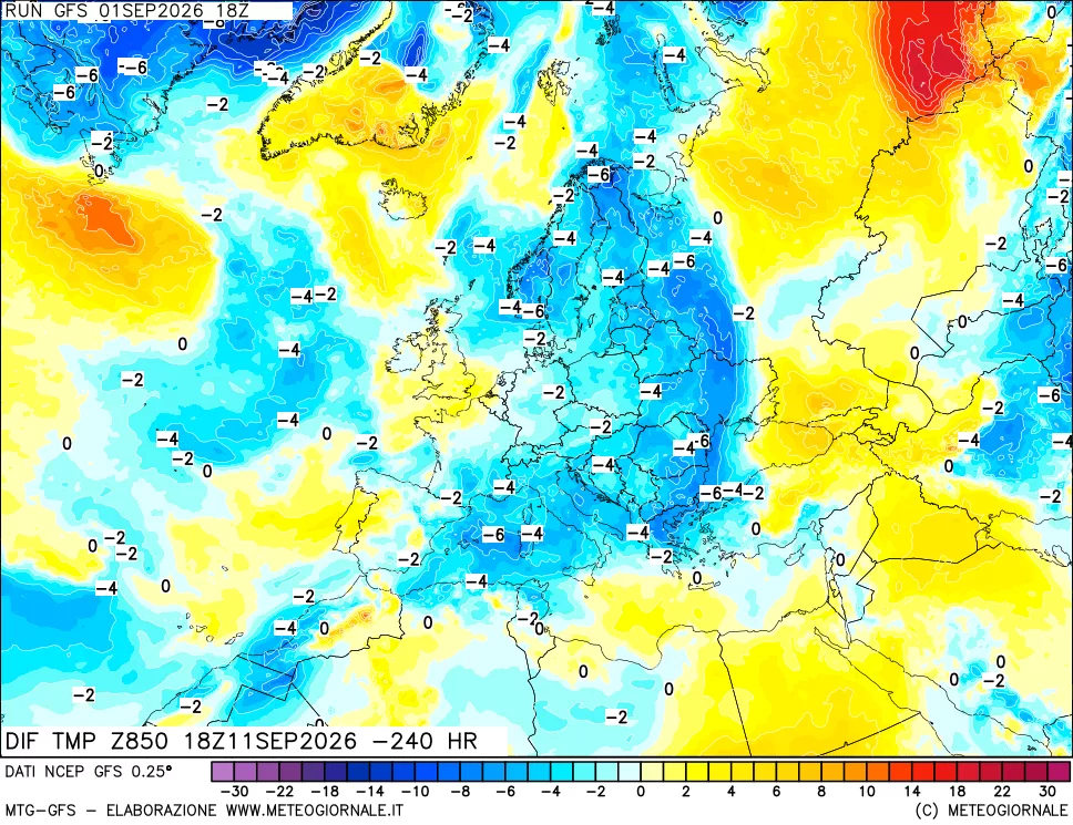 mappa Dif. Temp a 850 hPa Valid - Init